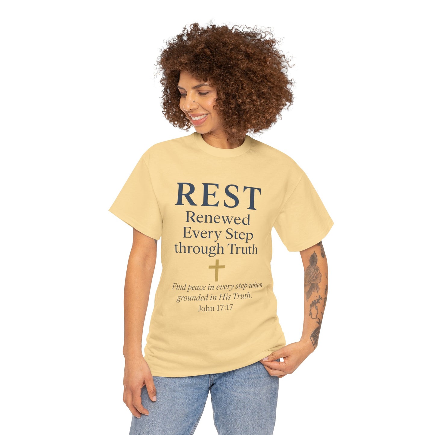 Faith-Based Comfort Tee - REST Renewed Every Step through Truth, Inspirational Gift, Relaxation Shirt, Casual Wear, Spiritual Apparel