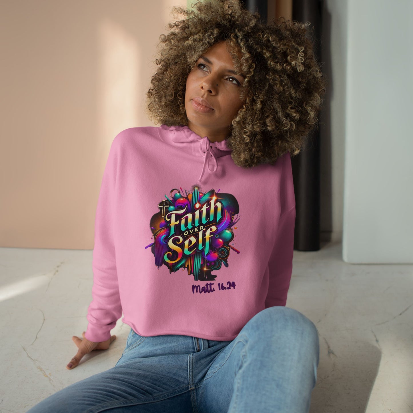 Faith Over Self Crop Hoodie - Colorful Inspirational Sweatshirt for Everyday Empowerment
