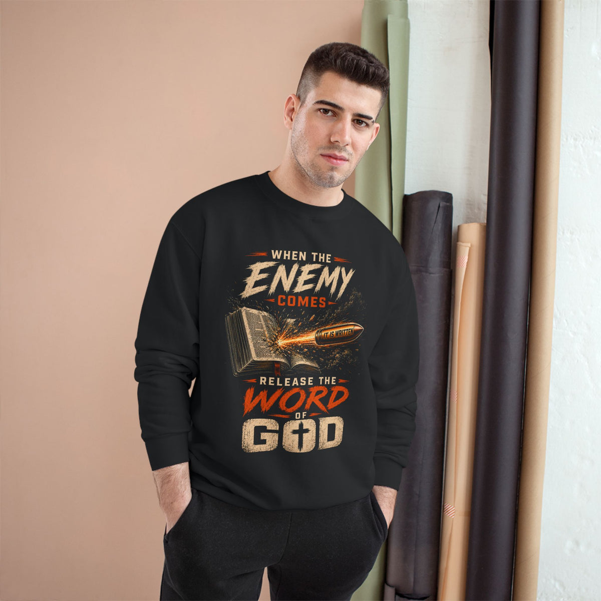 Champion Sweatshirt – "When the Enemy Comes Release the Word of God" Christian Faith Crewneck