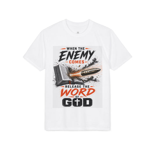 Christian T-Shirt — "When the Enemy Comes Release the Word of God" Inspirational Faith Tee