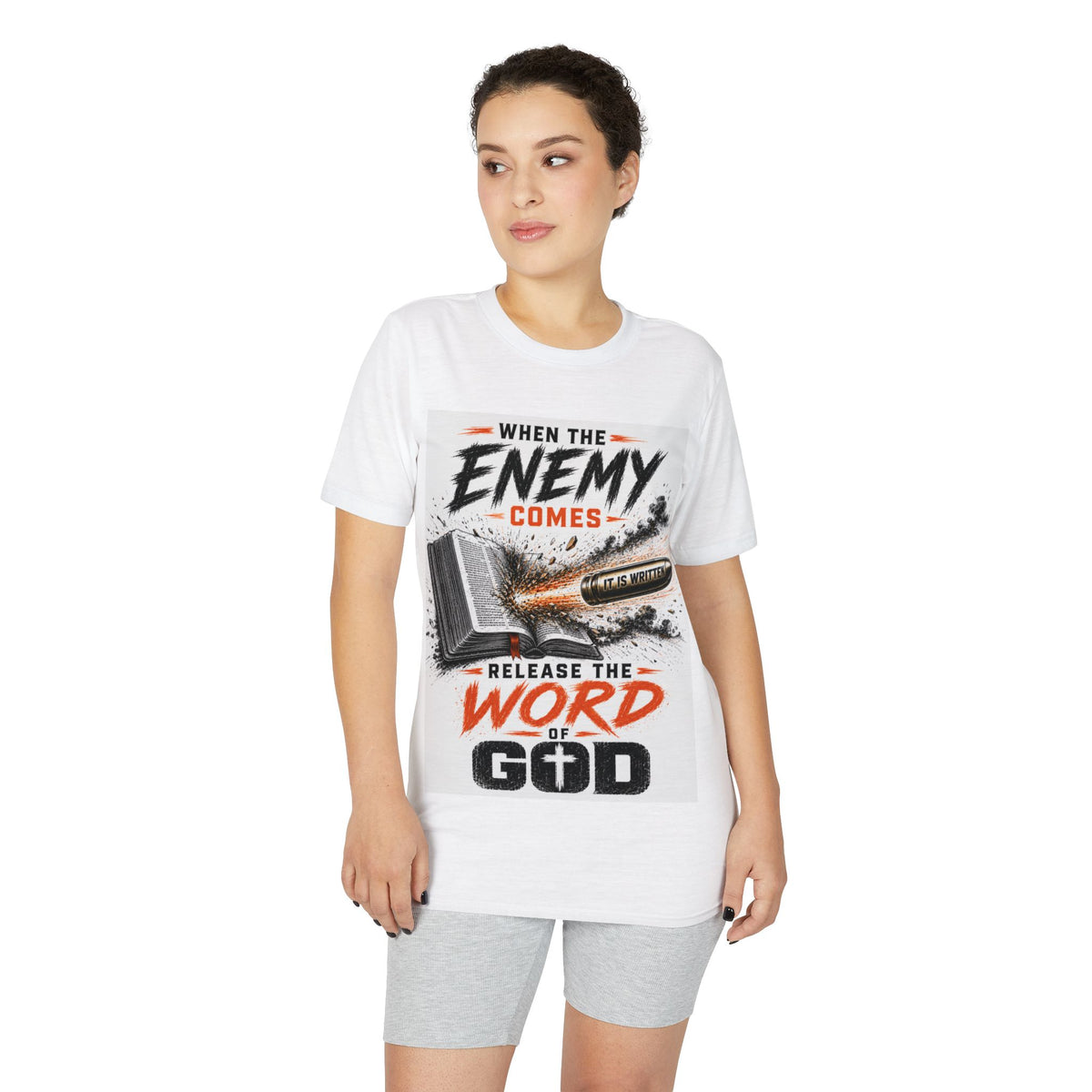 Christian T-Shirt — "When the Enemy Comes Release the Word of God" Inspirational Faith Tee