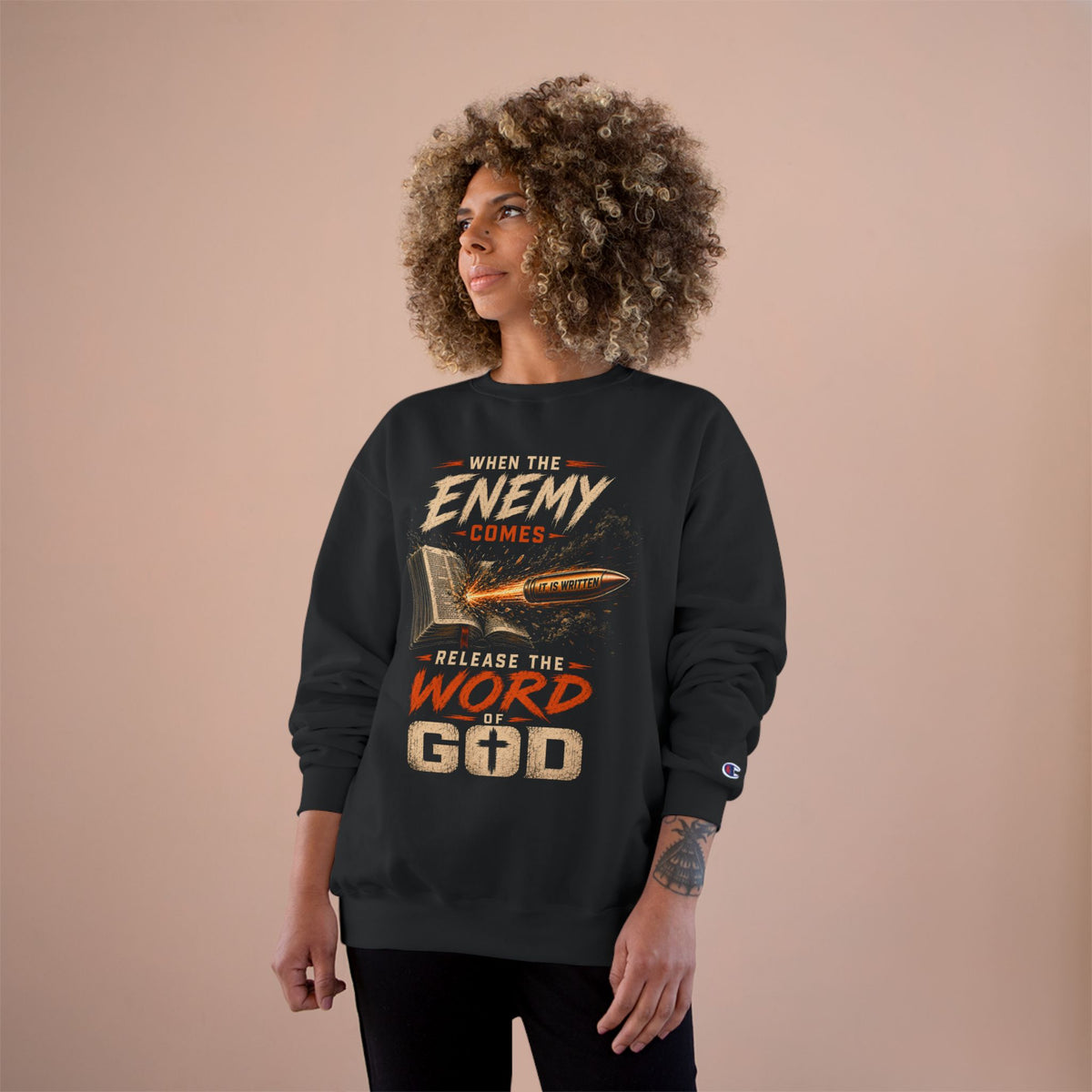 Champion Sweatshirt – "When the Enemy Comes Release the Word of God" Christian Faith Crewneck