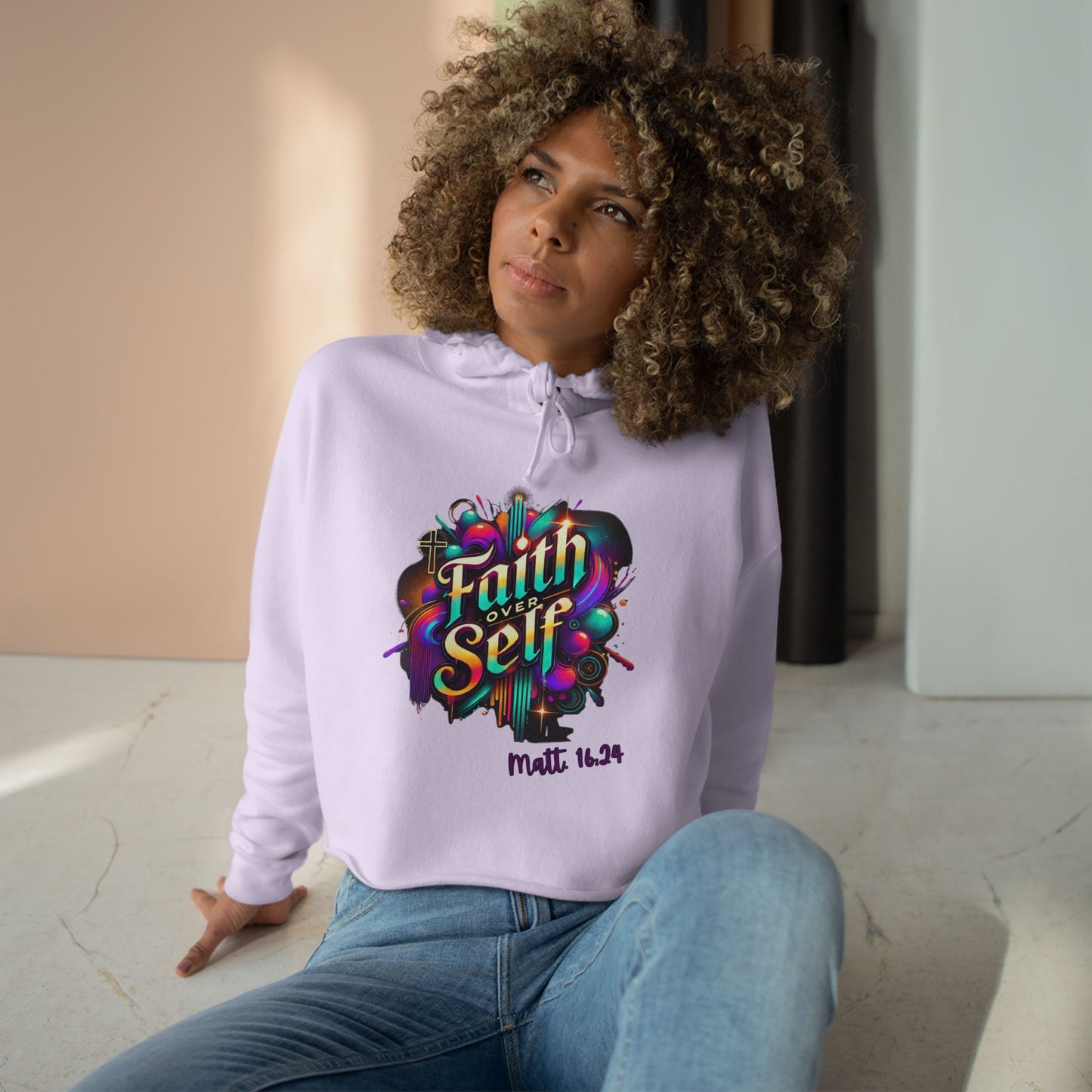 Faith Over Self Crop Hoodie - Colorful Inspirational Sweatshirt for Everyday Empowerment