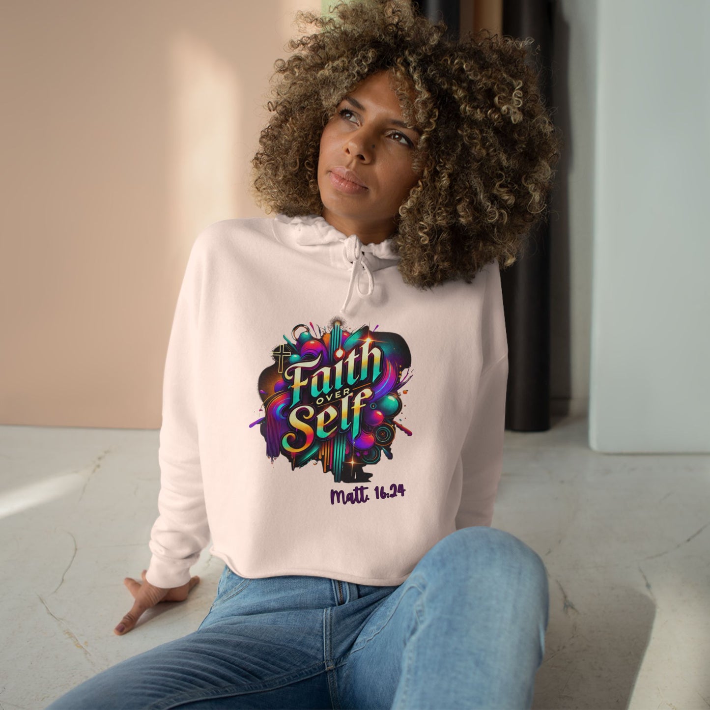 Faith Over Self Crop Hoodie - Colorful Inspirational Sweatshirt for Everyday Empowerment