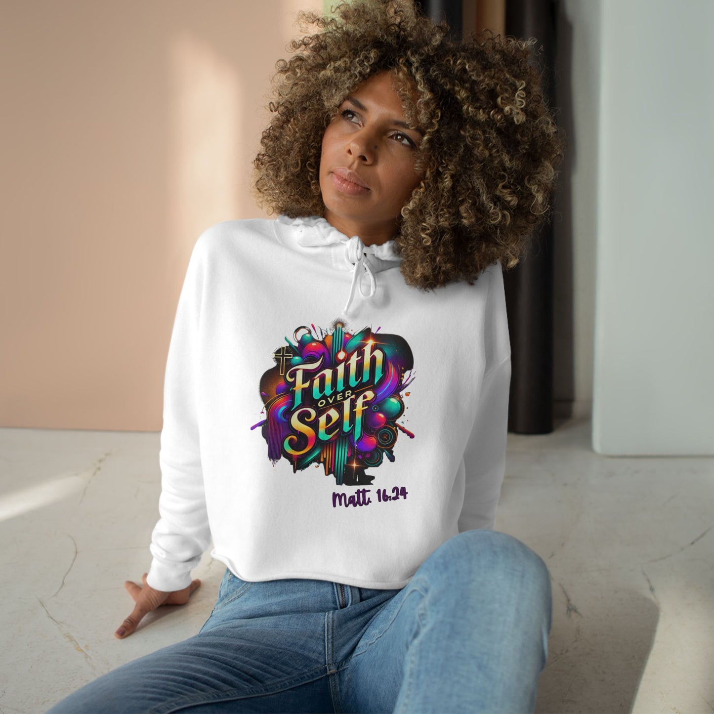 Faith Over Self Crop Hoodie - Colorful Inspirational Sweatshirt for Everyday Empowerment