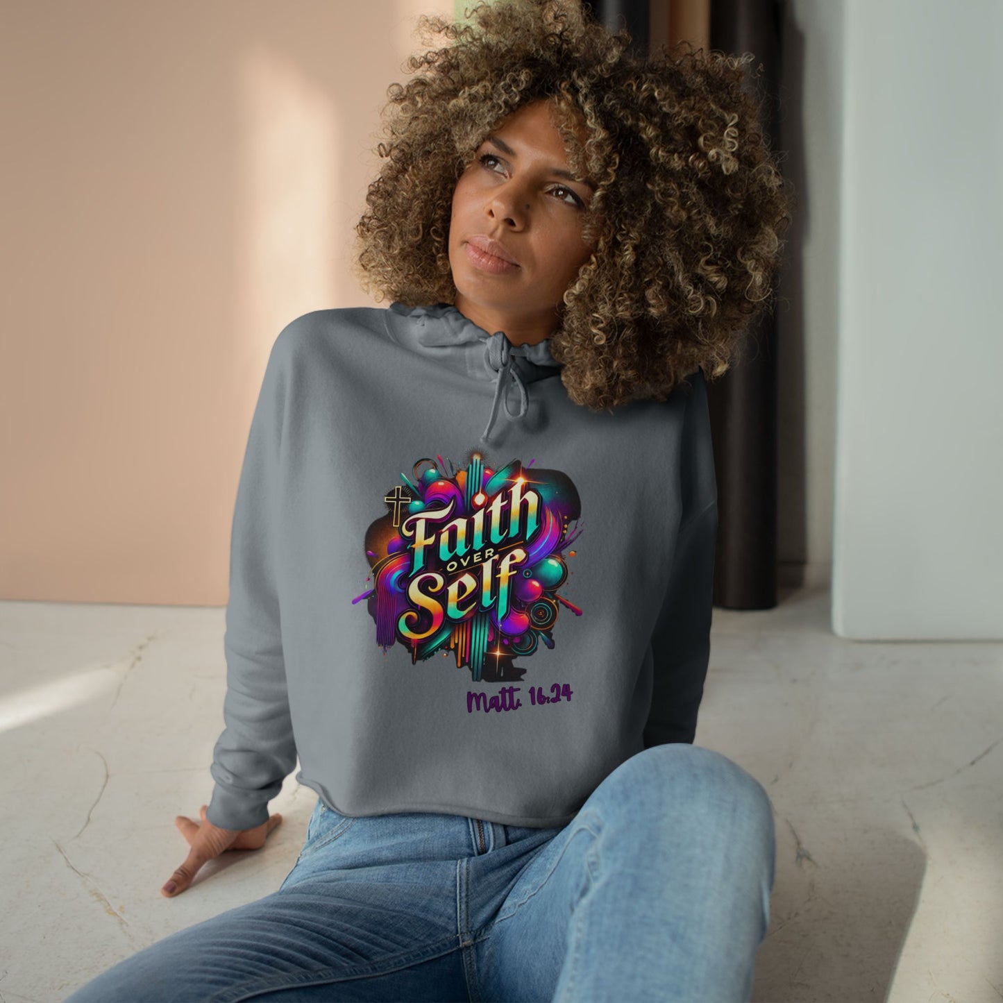 Faith Over Self Crop Hoodie - Colorful Inspirational Sweatshirt for Everyday Empowerment